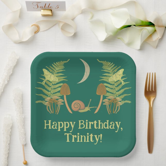 Goblincore Snail and Mushrooms Personalised Paper Plate (Wedding)