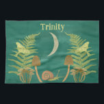 Goblincore Snail and Mushrooms Personalised Tea Towel<br><div class="desc">My illustrations depict a natural world with some dark undertones. A crescent moon hangs in the sky above a scene of green ferns, yellow moths, brown mushrooms and a green and brown snail all set against a painted dark teal coloured background. This kitchen towel is ready to be personalised with...</div>