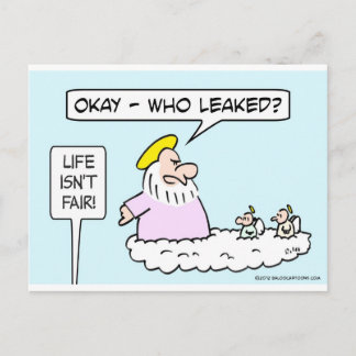 God asks angels who leaked. postcard