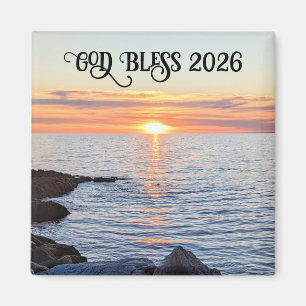 God Bless 2026 New Year Golden Sunset Photo Magnet