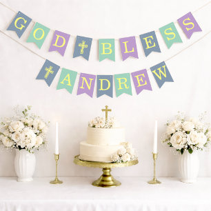 God Bless 6 Letters Blue Green Baptism Communion Bunting