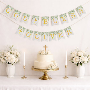 God Bless 6 Letters Foliage Gold Baptism Communion Bunting