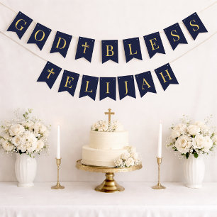 God Bless 6 Letters Navy & Gold Baptism Communion Bunting