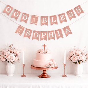God Bless 6 Letters Rose Gold Baptism Communion Bunting