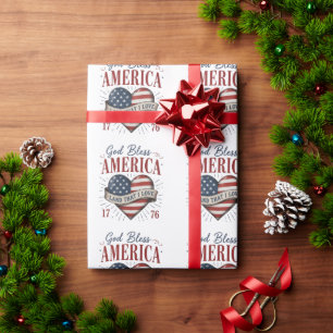 God Bless America 250th Patriotic Heart Flag Wrapping Paper