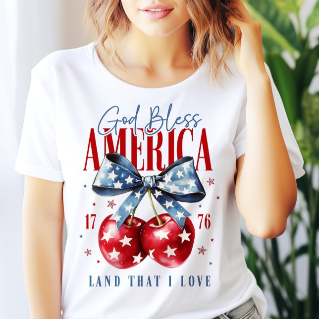 God Bless America 4th of July Cherries & Bow Women T-Shirt (Creator Uploaded)