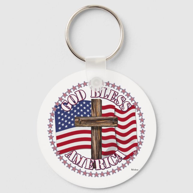 God Bless America and Cross With USA Flag 50 Stars Key Ring (Front)
