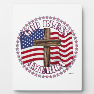God Bless America and Cross With USA Flag 50 Stars Plaque