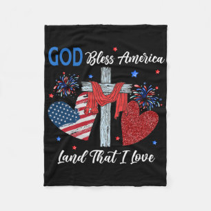 God Bless America Christian Heart Cross Jesus 4th Fleece Blanket