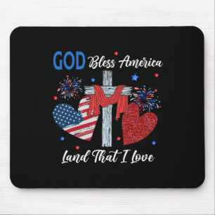 God Bless America Christian Heart Cross Jesus 4th Mouse Pad