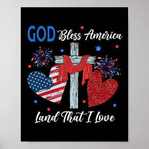 God Bless America Christian Heart Cross Jesus 4th  Poster