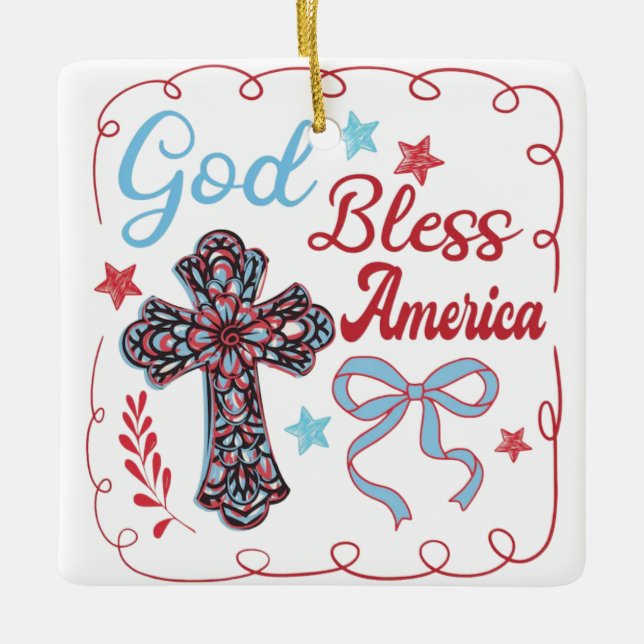God Bless America Cross Design Ceramic Ornament (Front)