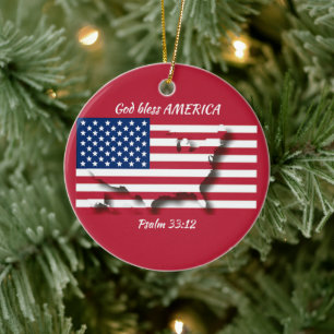 GOD BLESS AMERICA Flag Custom Scripture RED Ceramic Tree Decoration
