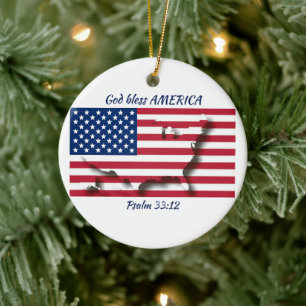 GOD BLESS AMERICA Flag Custom Scripture WHITE Ceramic Tree Decoration