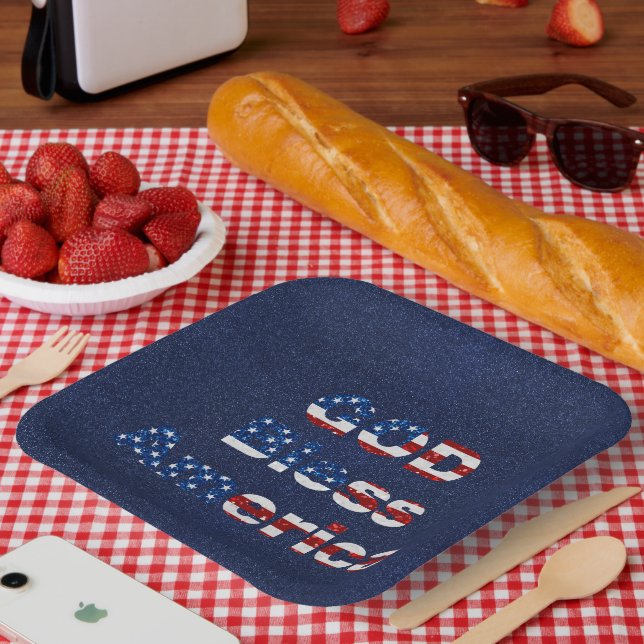 God Bless America July 4th Glitter Paper Plates (Picnic)