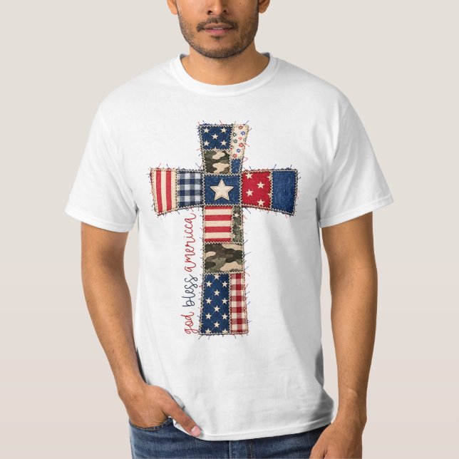 God Bless America Patchwork Cross T-Shirt (Front)