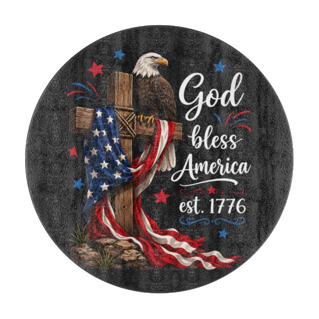 God Bless America Patriotic Cross Cutting Board (Front)