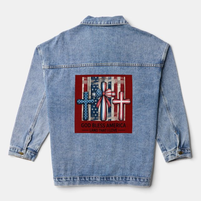 God Bless America Patriotic Cross Denim Jacket (Back)