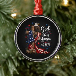 God Bless America Patriotic Cross Metal Tree Decoration