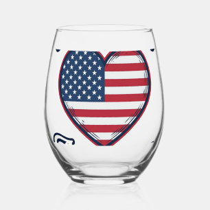 God Bless America Patriotic Heart Shirt Design_1 Stemless Wine Glass