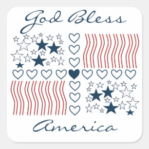 God Bless America Patriotic Stars Stripes Hearts  Square Sticker