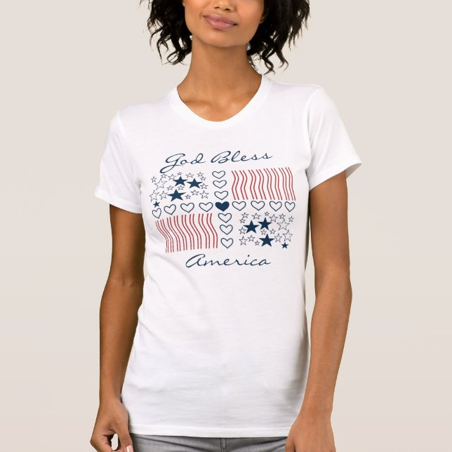God Bless America Patriotic Stars Stripes Hearts T-Shirt (Front)