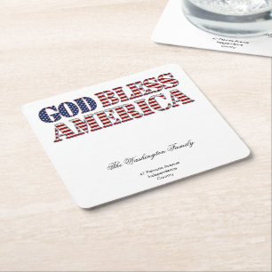 God Bless America Stars and Stripes Patriotic Square Paper Coaster