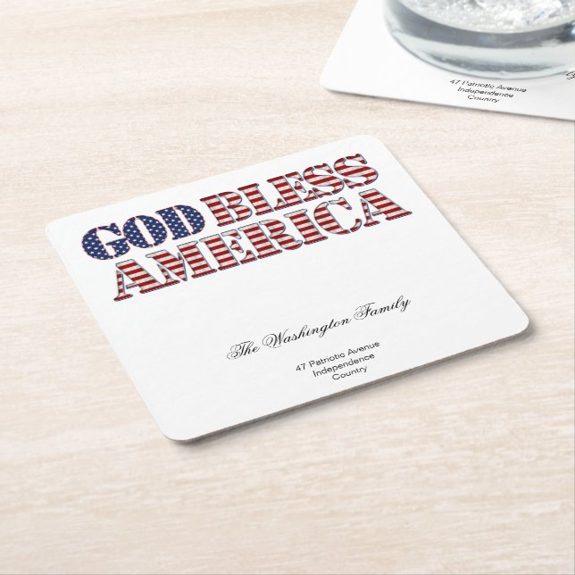 God Bless America Stars and Stripes Patriotic Square Paper Coaster (Angled)