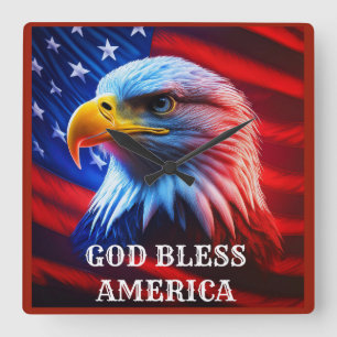 God Bless America US Flag Bald Eagle Square Wall Clock