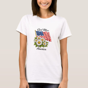 God Bless America USA Flag and Daisies Floral Art T-Shirt
