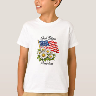 God Bless America USA Flag and Daisies Floral Art T-Shirt