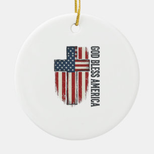 God Bless America Vintage Patriotic Cross Design_1 Ceramic Tree Decoration