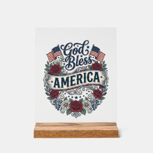 God Bless America Vintage Patriotic Floral Acrylic Sign