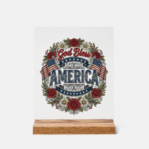 God Bless America Vintage Patriotic Floral Acrylic Sign