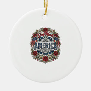 God Bless America Vintage Patriotic Floral Ceramic Tree Decoration