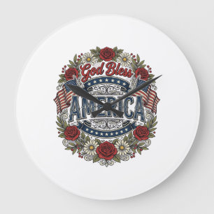 God Bless America Vintage Patriotic Floral Large Clock