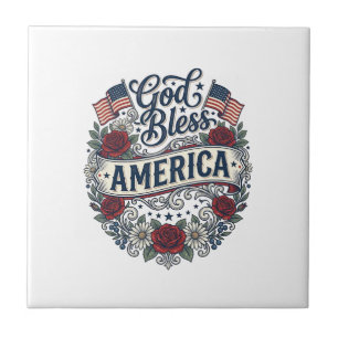 God Bless America Vintage Patriotic Floral Tile