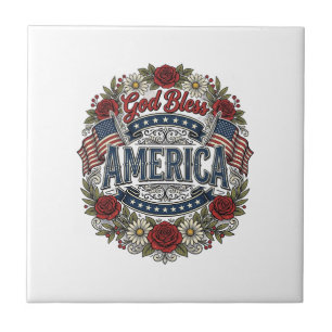 God Bless America Vintage Patriotic Floral Tile