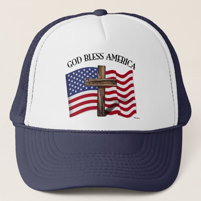 GOD BLESS AMERICA with rugged cross & US flag Trucker Hat (Front)