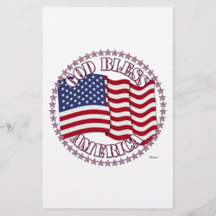 God Bless America With USA Flag And 50 Stars Stationery