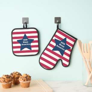 God Bless American Red White And Blue  Oven Mitt & Pot Holder Set