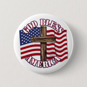God Bless American with USA Flag & Cross 6 Cm Round Badge