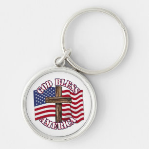 God Bless American with USA Flag & Cross Key Ring
