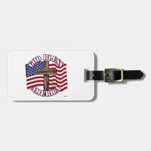 God Bless American with USA Flag & Cross Luggage Tag