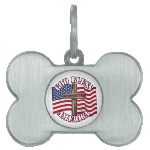 God Bless American with USA Flag & Cross Pet ID Tag