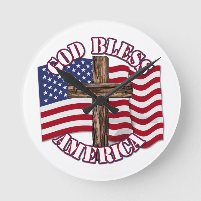 God Bless American with USA Flag & Cross Round Clock (Front)