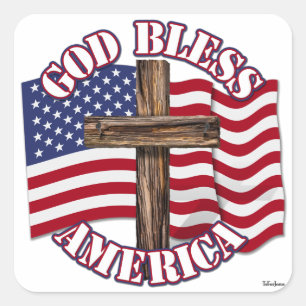 God Bless American with USA Flag & Cross Square Sticker