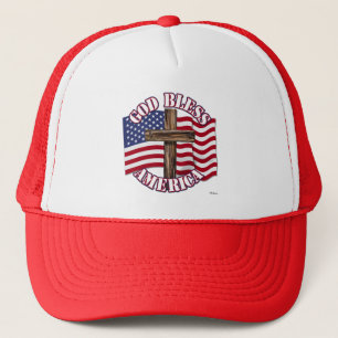 God Bless American with USA Flag & Cross Trucker Hat