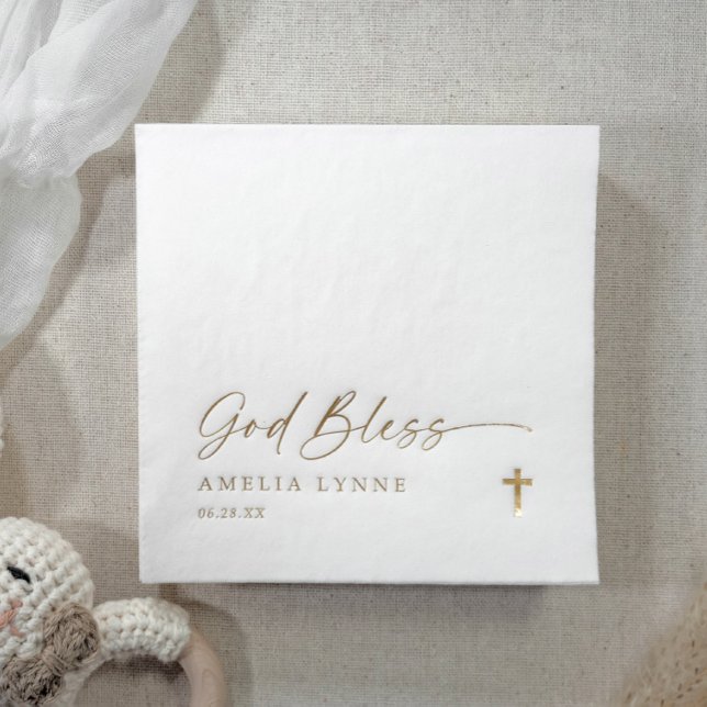 God Bless Baptism Napkins Modern Cross Gold (Personalized Baptism Napkins - Gold Bless with simple gold cross design. Modern handwriting.)