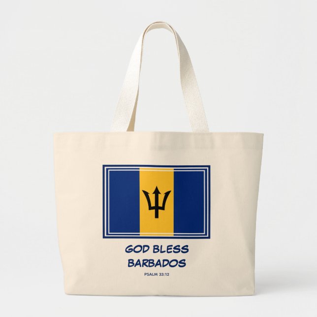 GOD BLESS BARBADOS Patriotic Barbadian Bajan Flag Large Tote Bag (Front)